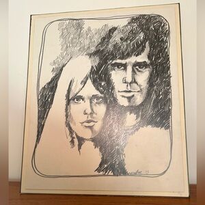 Original portrait, pencil  M Keller 1973 drawing on board Mcm retro vintage